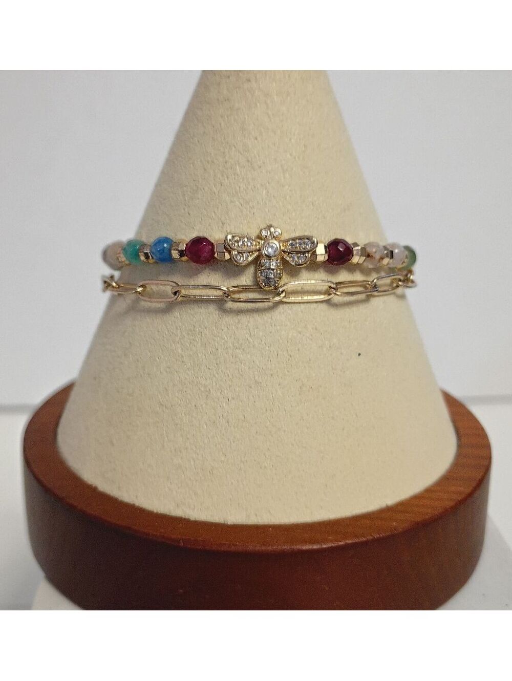 Vintage Very Dainty Chain Bracelet, Multicolor Beads with a Sweet Bee Charm